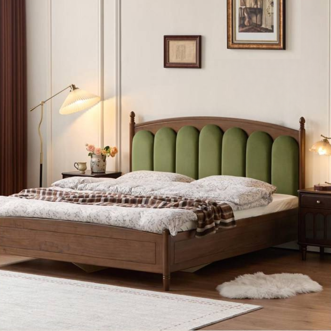 Black Walnut Solid Wood Box Bed — French Retro Style with Genuine Leather and Piano Key Design