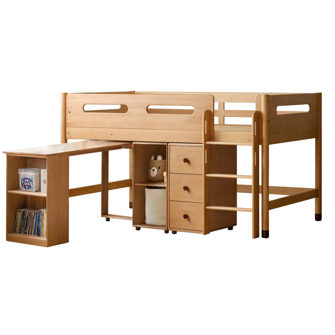 Beech Nordic Children's Solid Wood Loft Bed, Modern Minimalist Multifunctional Combination Bed with Table