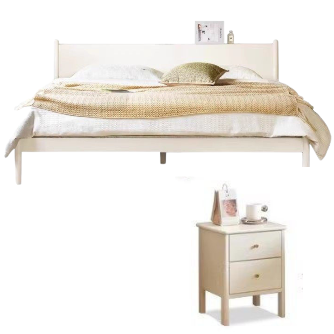 Pine Solid Wood Bed — Nordic Minimalist Cream Style Large Bed
