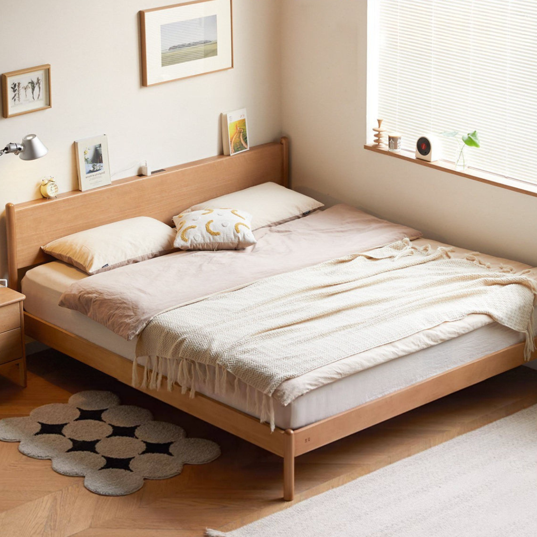 Poplar Solid Wood Bed — Modern Minimalist Style