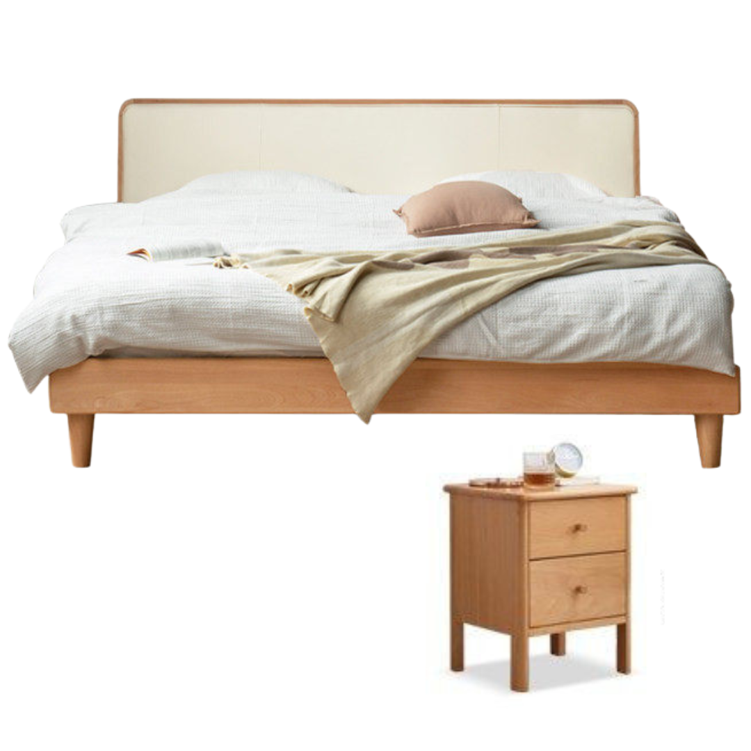European Beech Solid Wood Bed — Soft Headboard, Simple Upholstered Light Luxury Bed