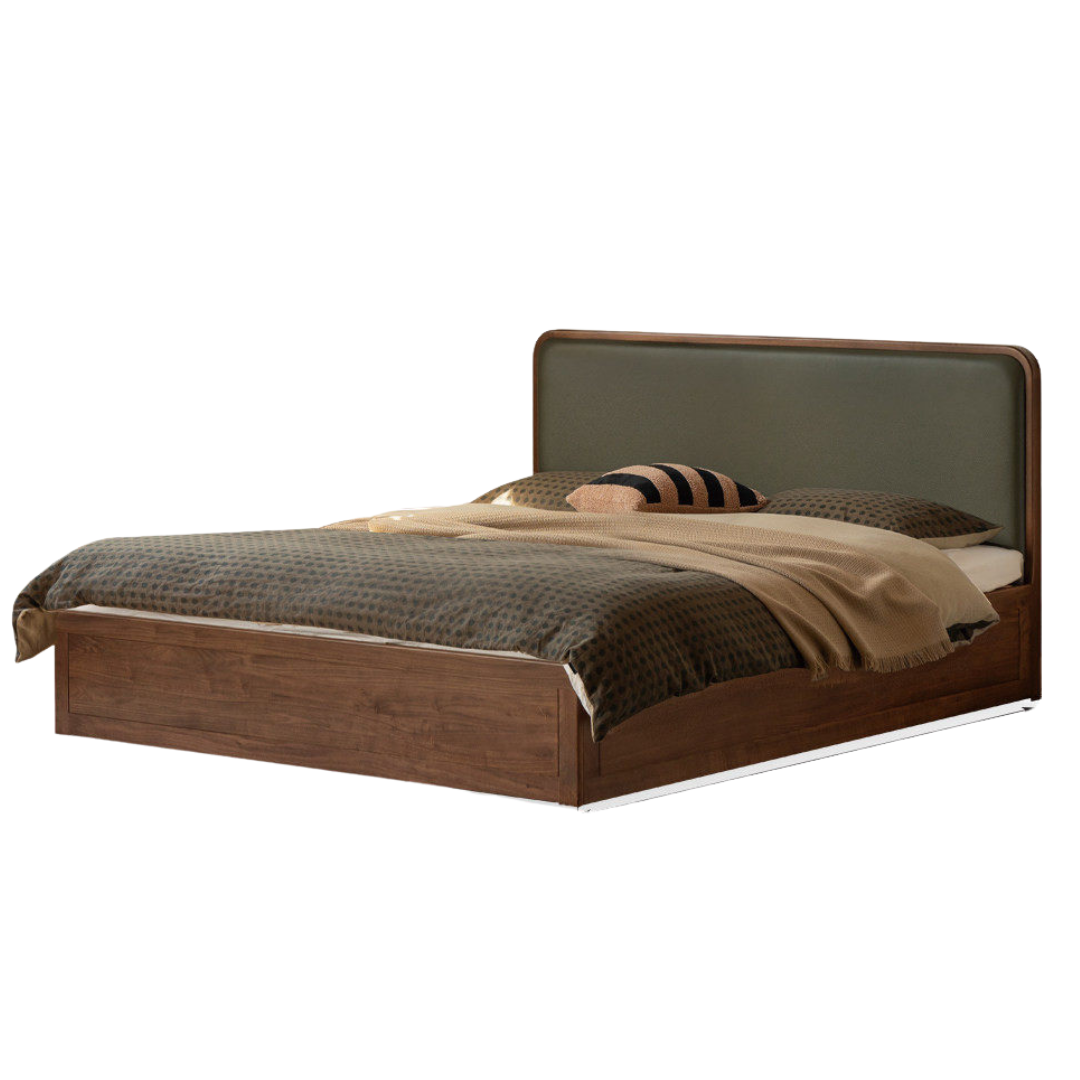 Black Walnut Solid Wood Box Bed — Soft Headboard, Italian Light Luxury Genuine Leather Bed