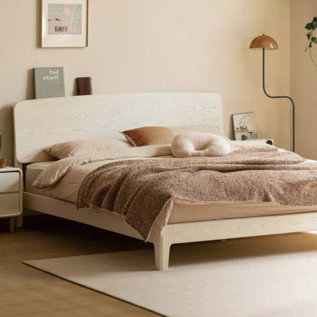 Oak Solid Wood Bed — Cream Style with Slanted Backrest