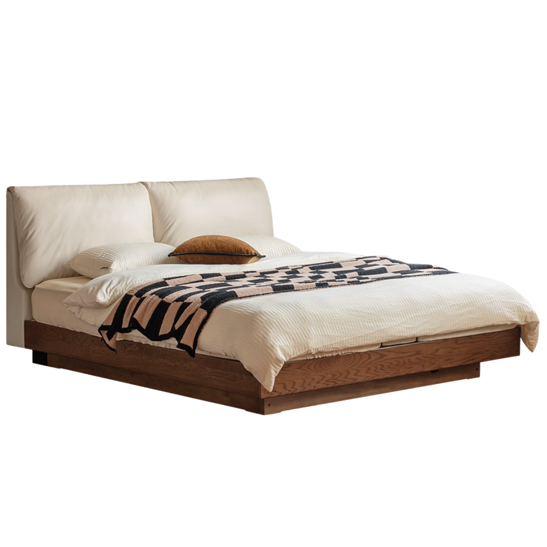 Oak Solid Wood Box Bed — Italian Light Luxury with Soft Genuine leather Backrest