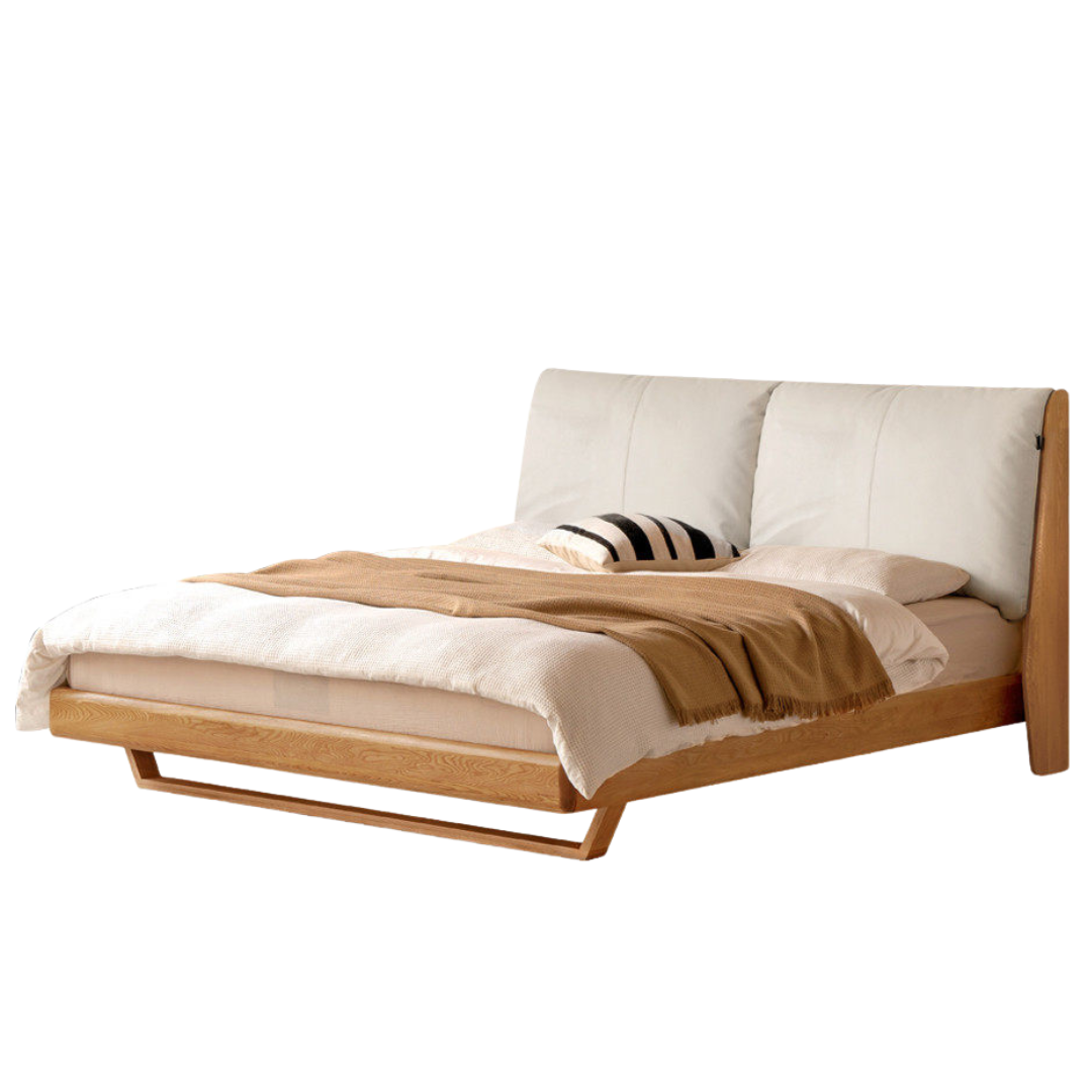 Oak Solid Wood Bed — Modern Minimalist Style with Genuine Leather and Floating Design