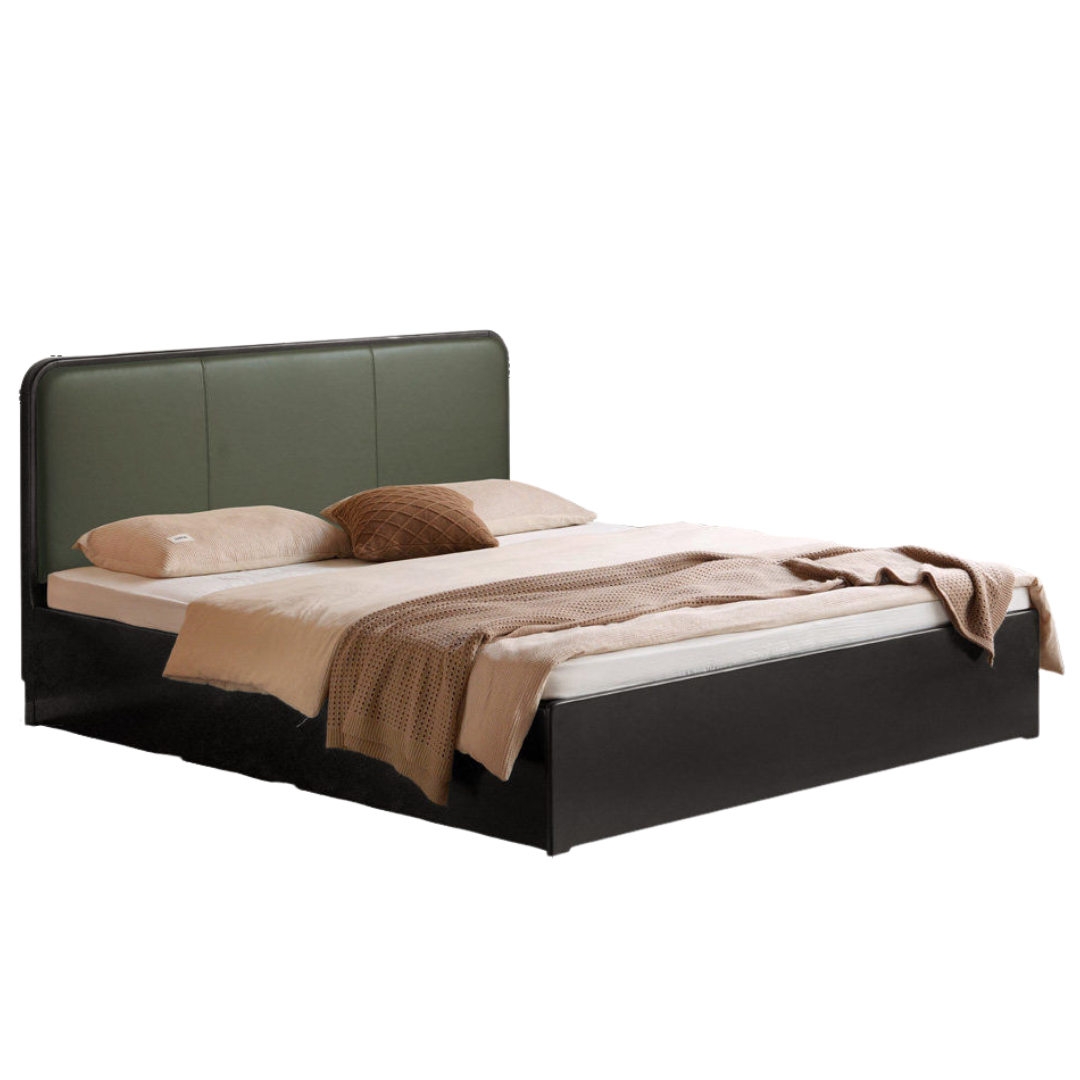 Rubberwood Solid Wood Box Bed — Modern Minimalist Black Upholstered Bed with Storage and Genuine Leather