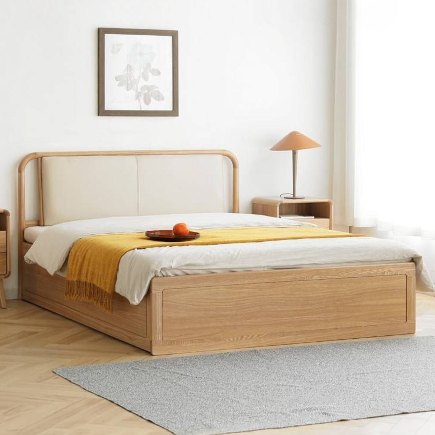 Ash Solid Wood Floor Bed — Modern Minimalist, High Box Design with Genuine Leather