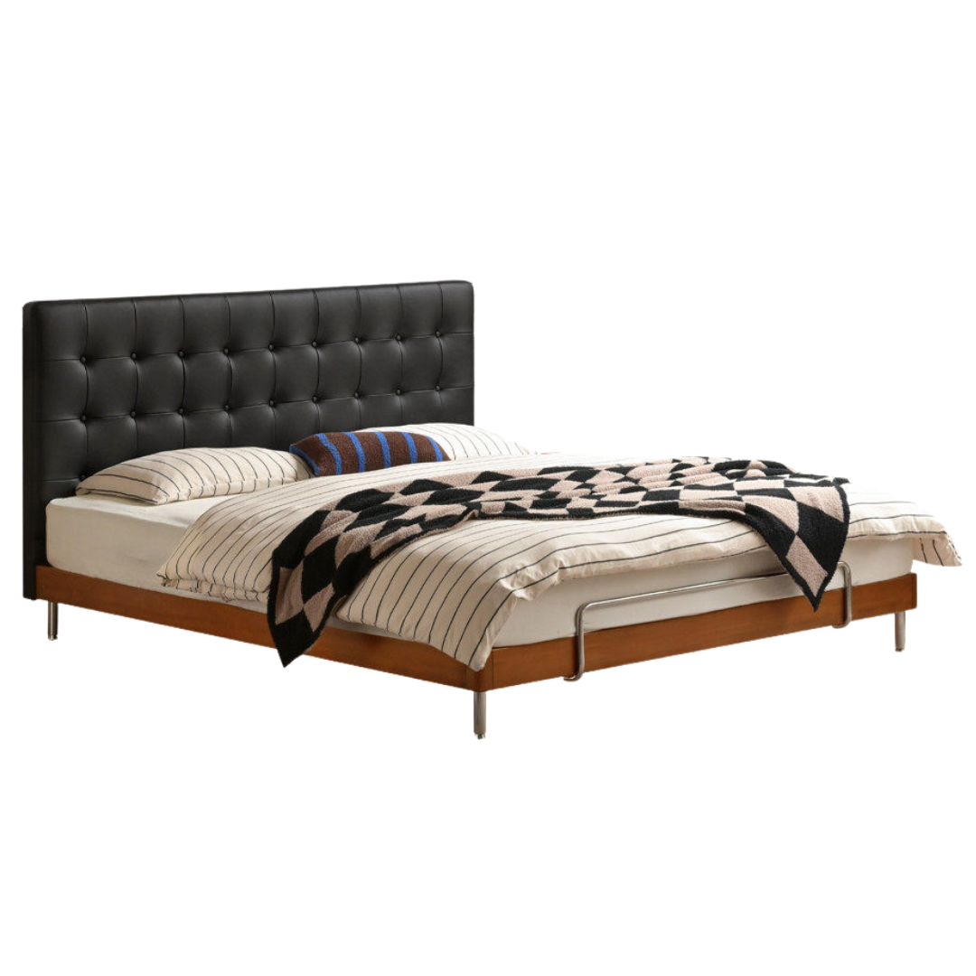 Tulipwood Solid Wood Bed — Bauhaus Style with Soft Genuine Leather Headboard