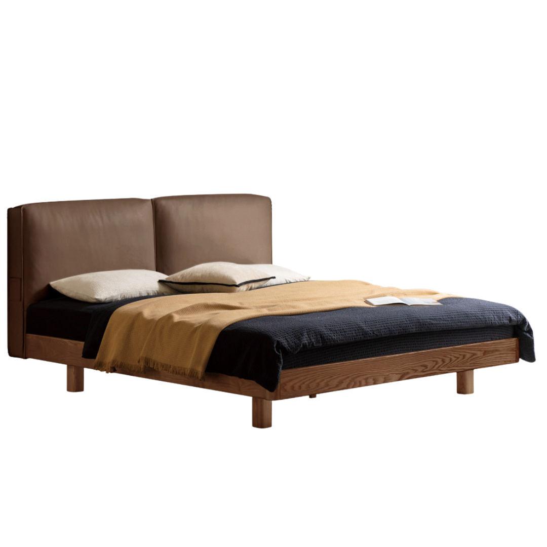 Ash Solid Wood Floating Bed — Modern Minimalist, Genuine Leather Upholstery