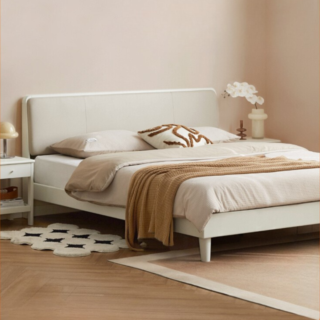 Pine Solid Wood Upholstered Bed — Modern Minimalist White Design, Light Luxury with Organic Leather
