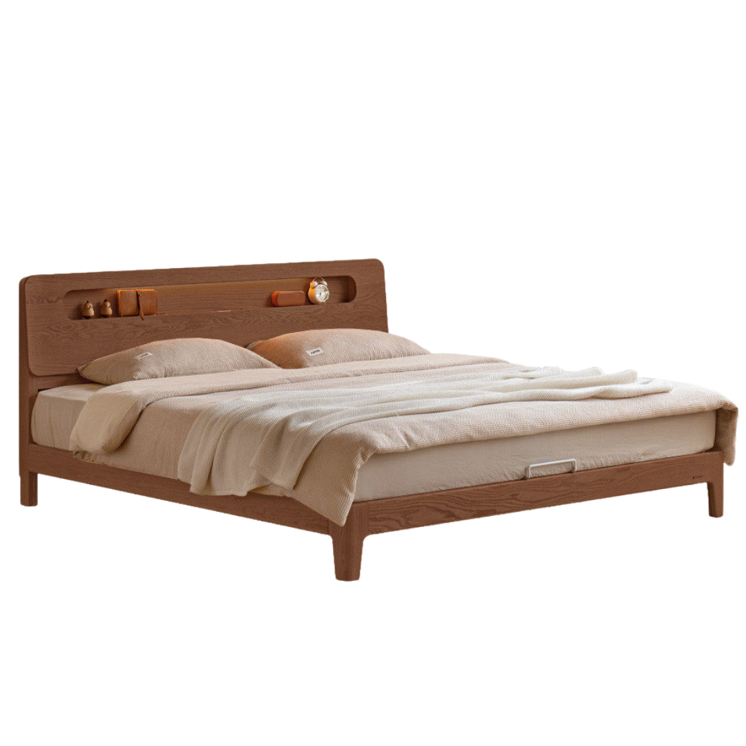 Oak Solid Wood Bed — Nordic Style with Socket and Storage