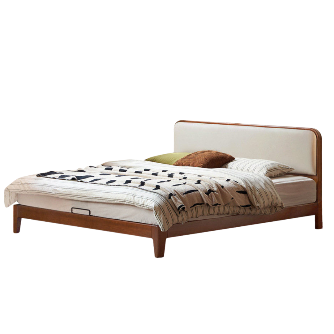 Poplar Solid Wood Bed — Vintage Style with Soft Backrest, Genuine Leather and Edge Finish
