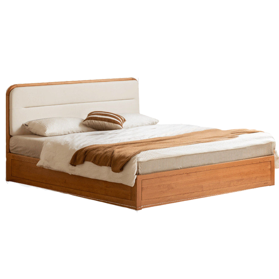 Cherry Solid Wood Box Bed — Vintage Style with Soft Backrest