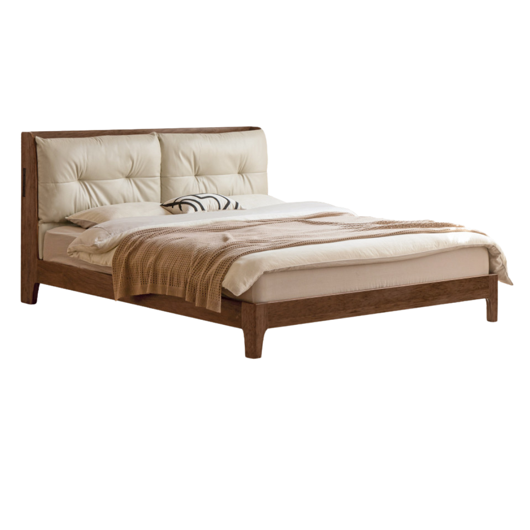 Black Walnut, Sandalwood Solid Wood Bed — Genuine Leather Upholstered, Simple Luxury Design