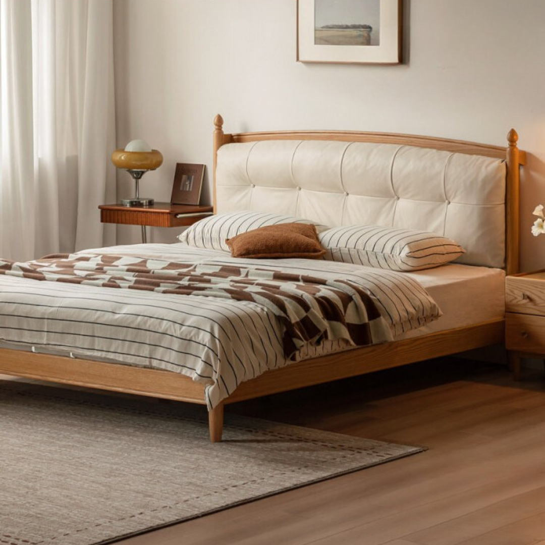 Oak Solid Wood Bed — Modern Minimalist with Genuine Leather and Soft Headboard