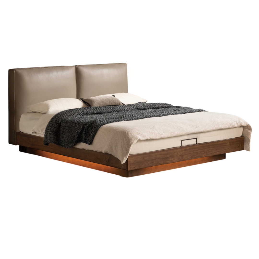 Sandalwood, Black Walnut Solid Wood Genuine Leather Suspended Bed with Light