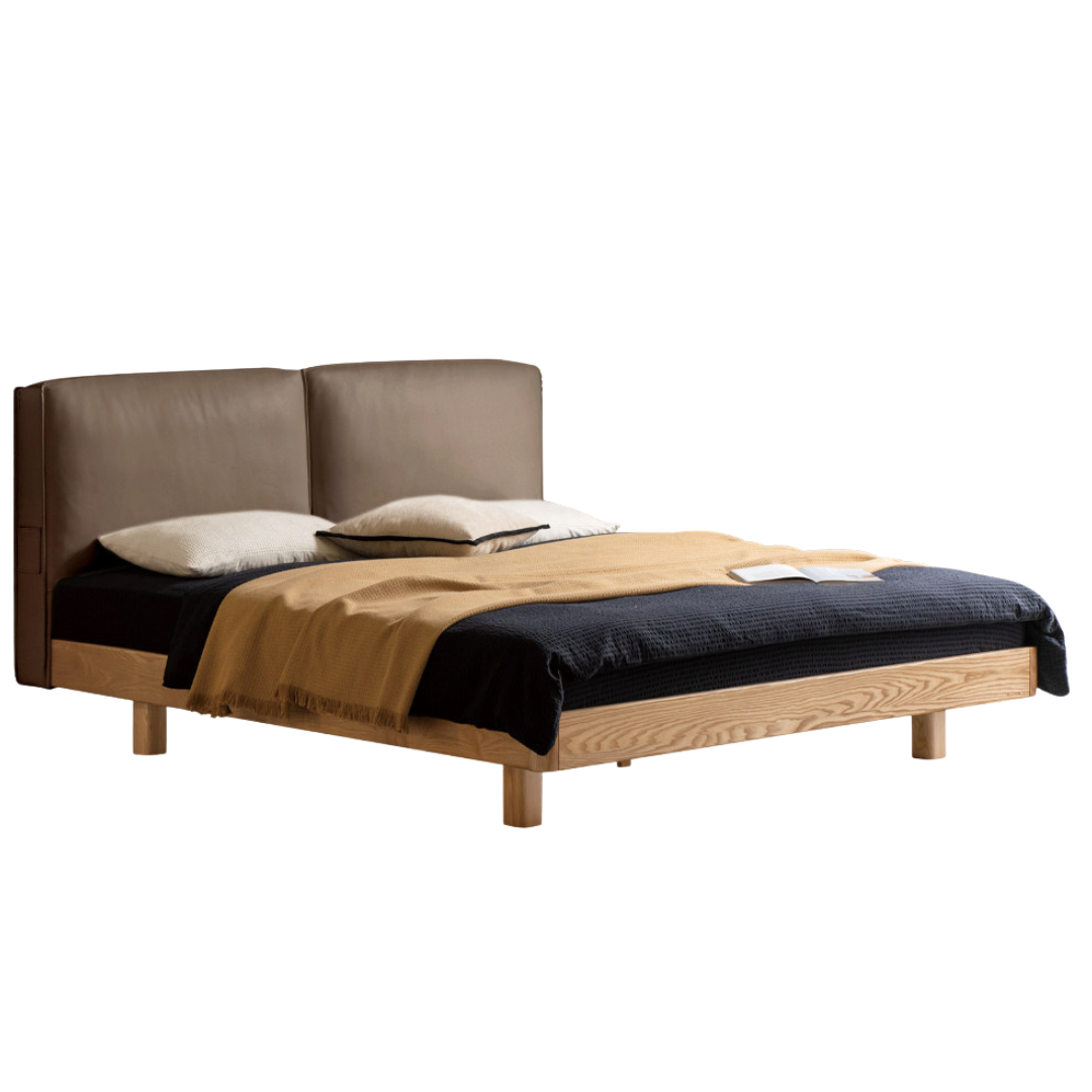 Ash Solid Wood Floating Bed — Modern Minimalist, Genuine Leather Upholstery