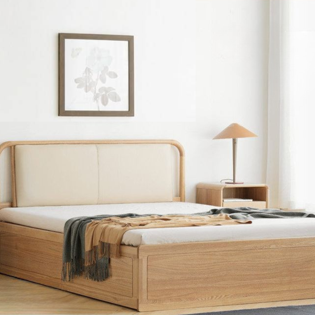 Ash Solid Wood Floor Bed — Modern Minimalist, High Box Design with Genuine Leather