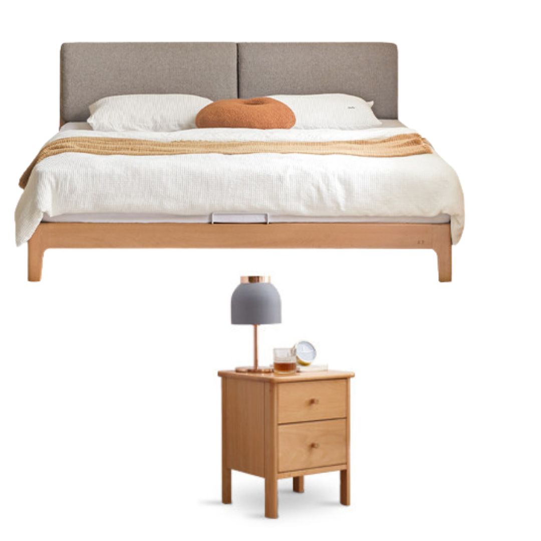 Beech Solid Wood Upholstered King Bed — Soft Headboard with Fabric Upholstery