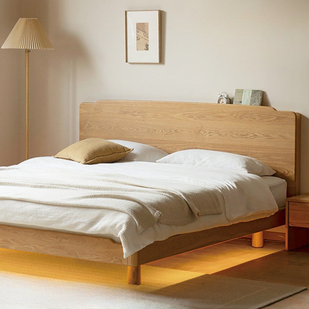 Ash Solid Wood Floating Bed — Large Slab, Simple Modern Design