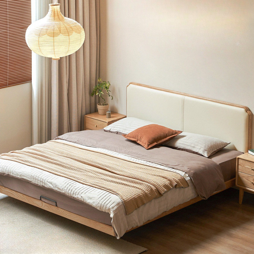 Oak Solid Wood Upholstered Bed — Modern Minimalist Design with Flush Edges