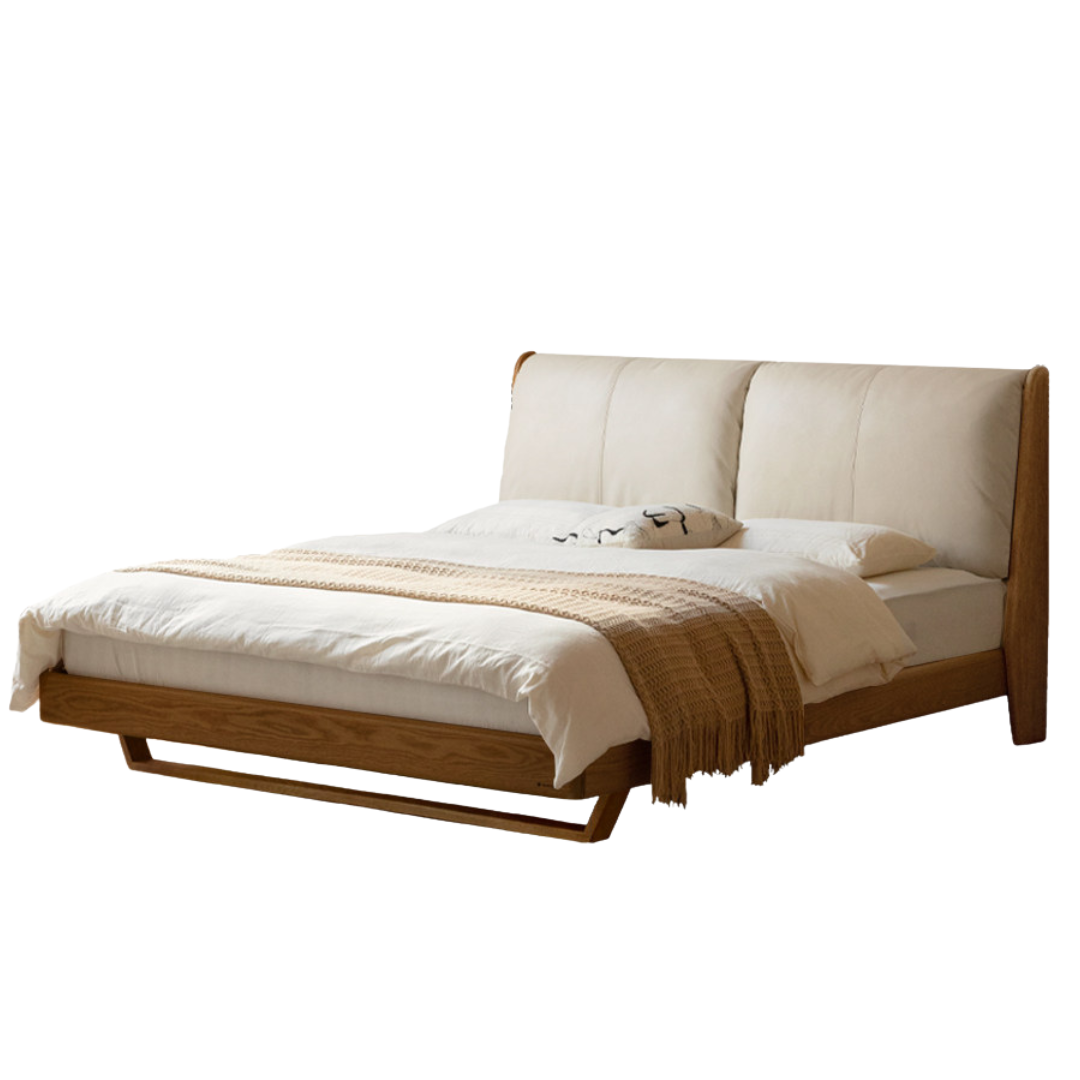 Oak Solid Wood Bed — Italian Light Luxury with White Genuine Leather and Soft Backrest