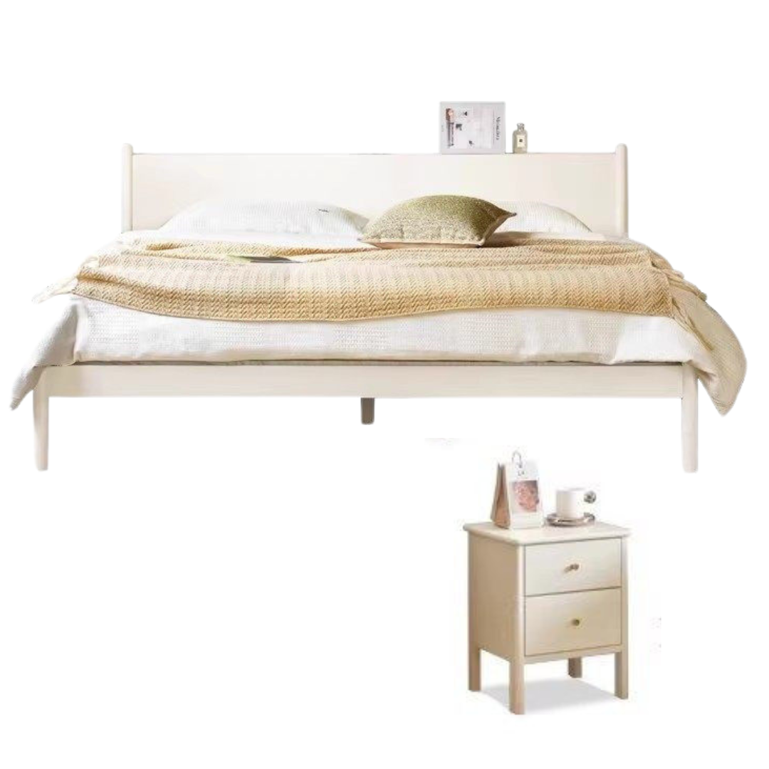 Pine Solid Wood Bed — Nordic Minimalist Cream Style Large Bed