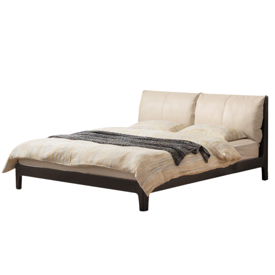 Rubberwood Solid Wood Bed — Modern Minimalist Design with Upholstered Genuine Leather