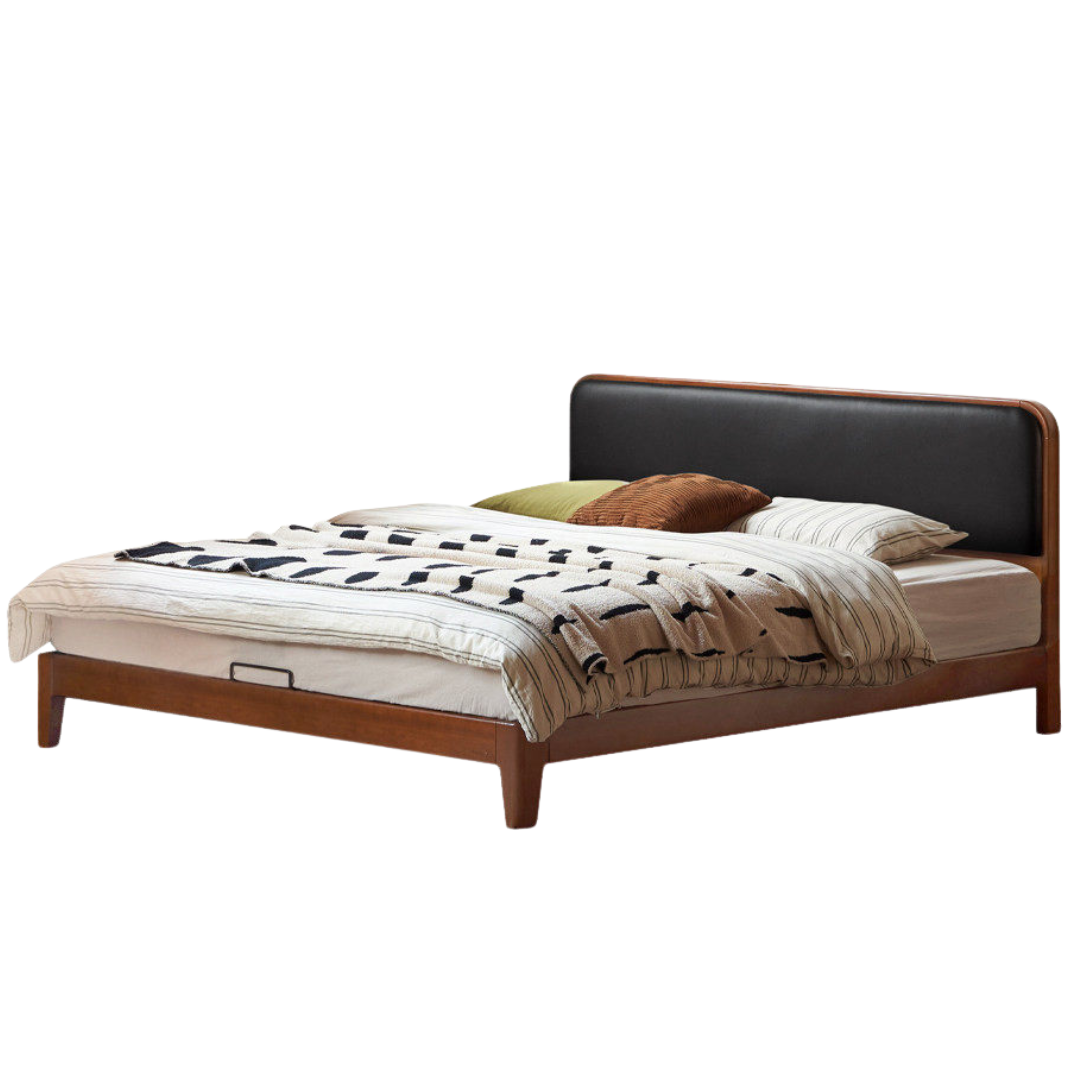 Poplar Solid Wood Bed — Vintage Style with Soft Backrest, Genuine Leather and Edge Finish