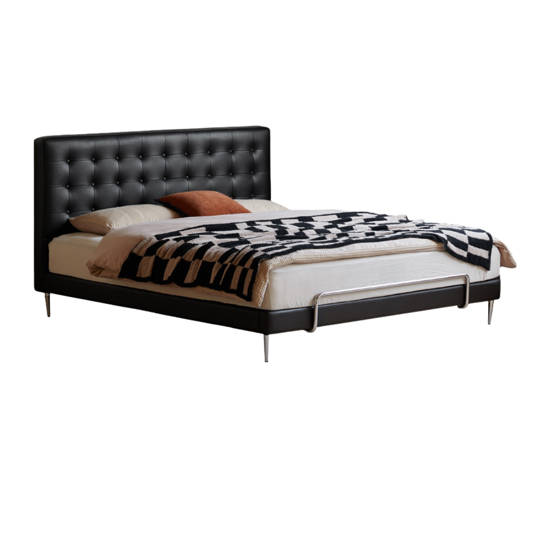Genuine Leather Bed — Italian Light Luxury, Bauhaus Edge Design, Black Finish