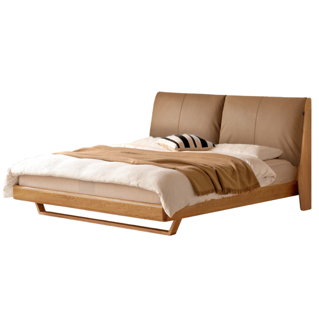 Oak Solid Wood Bed — Modern Minimalist Style with Genuine Leather and Floating Design