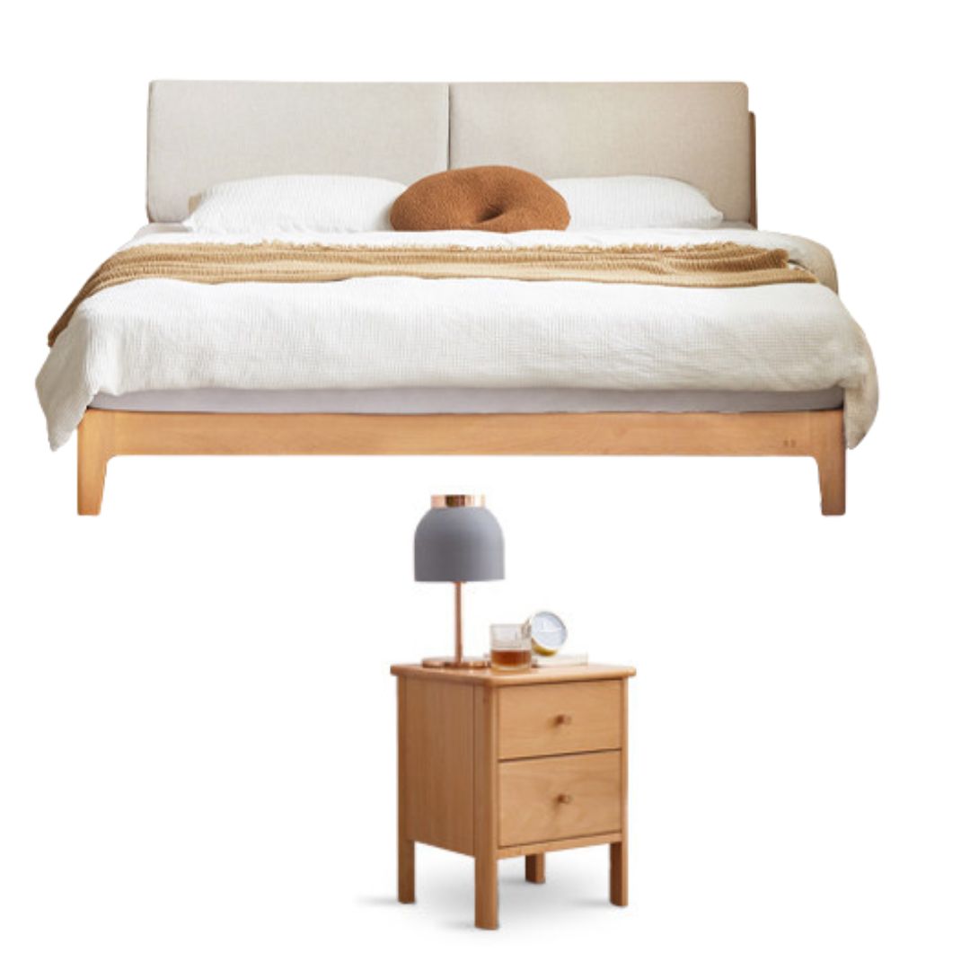 Beech Solid Wood Upholstered King Bed — Soft Headboard with Fabric Upholstery