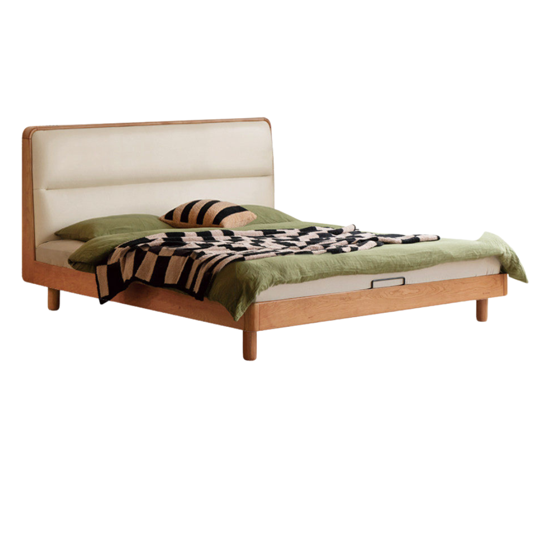 Cherry Solid Wood Bed with Retro Edge and Soft Headboard