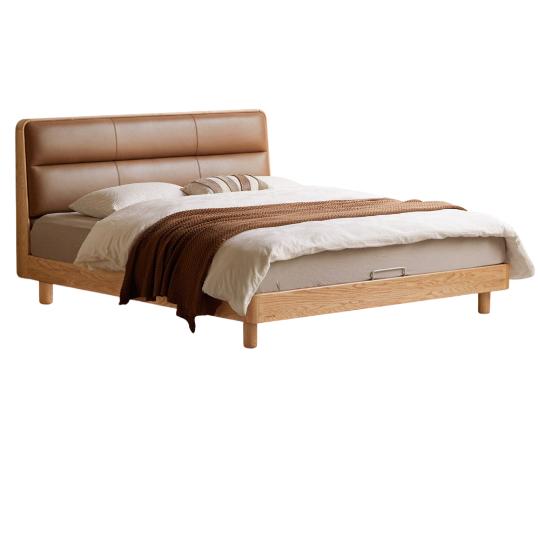 Oak, Ash Solid Wood Genuine Leather Soft Bed