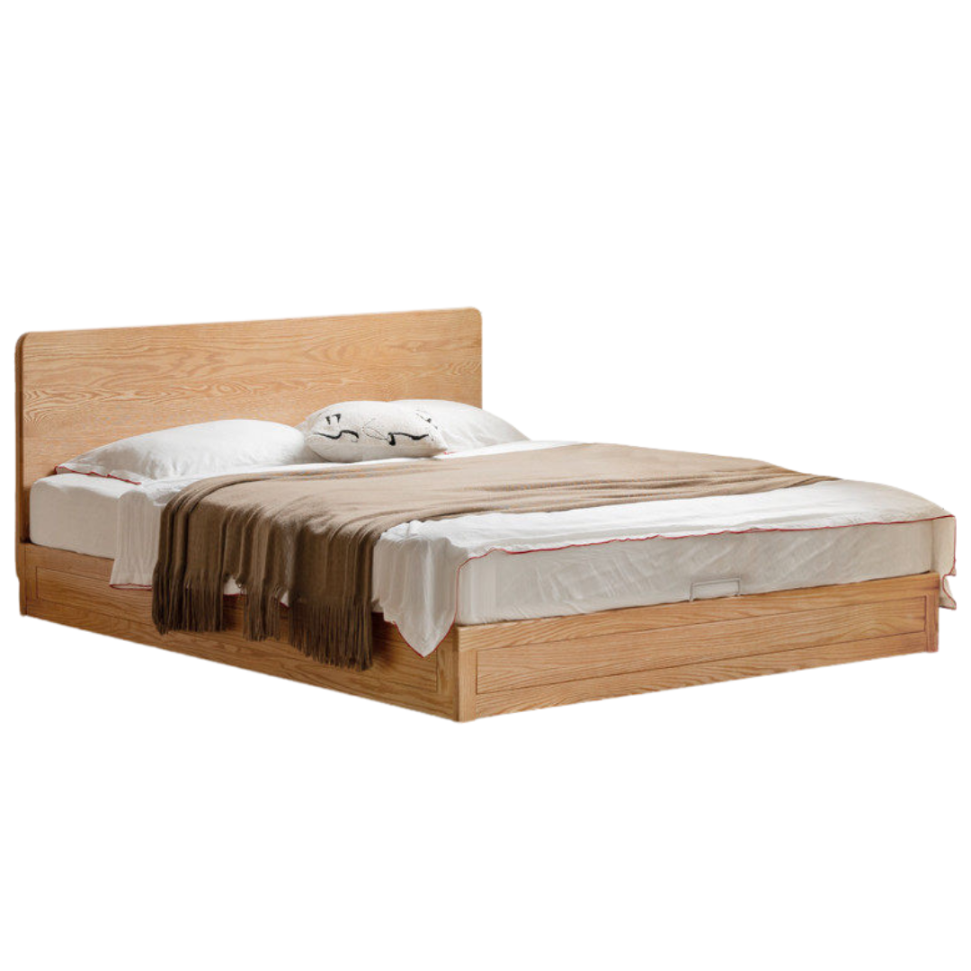 Oak, Beech Solid Wood Box Bed — Minimalist Side-Opening Storage Bed
