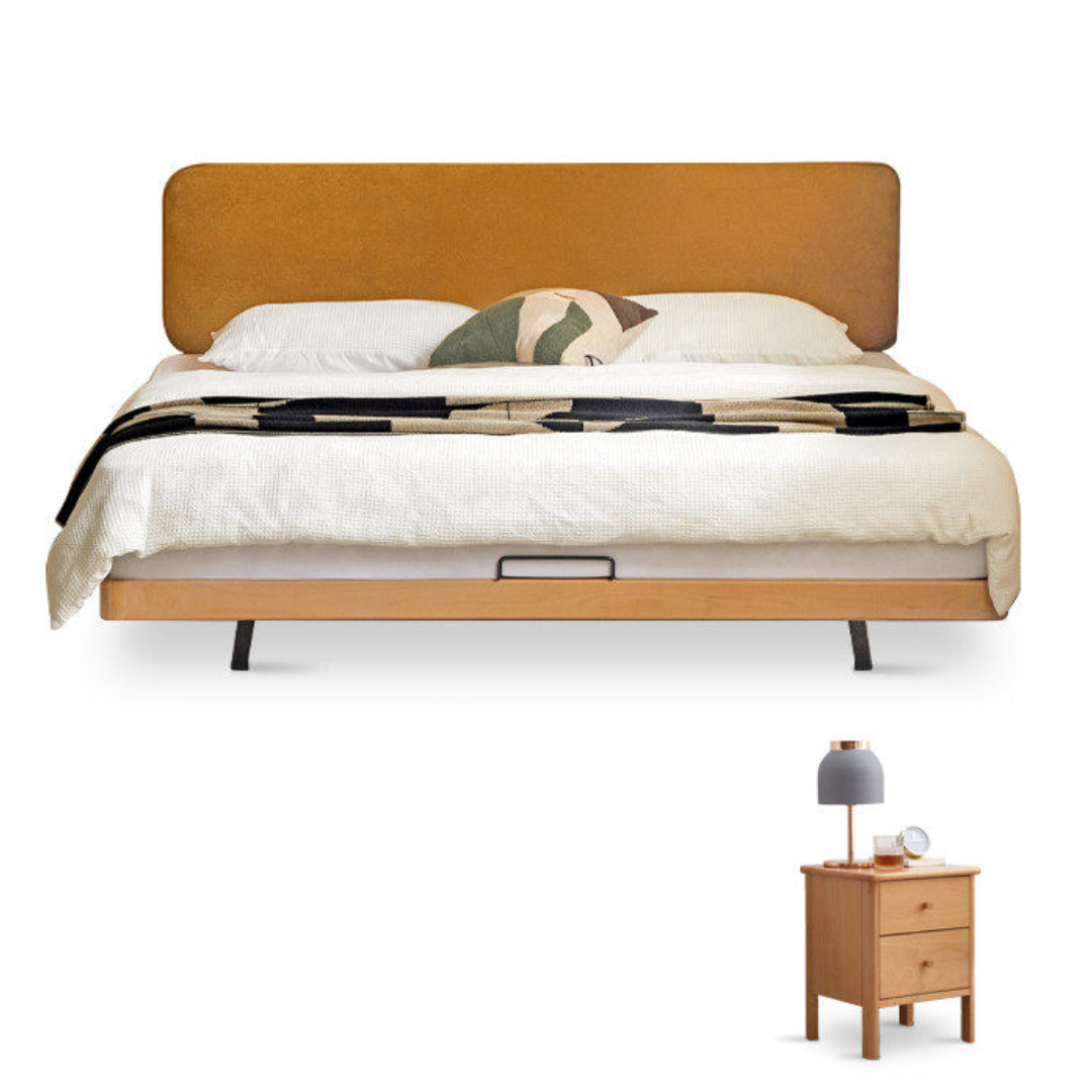 Beech Solid Wood Upholstered Bed — Retro Style with Floating Design, Luminous Light, Luxury Finish