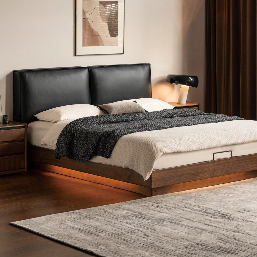 Black Walnut Solid Wood Box Bed — Italian Light Luxury, Genuine Leather Upholstered Headboard