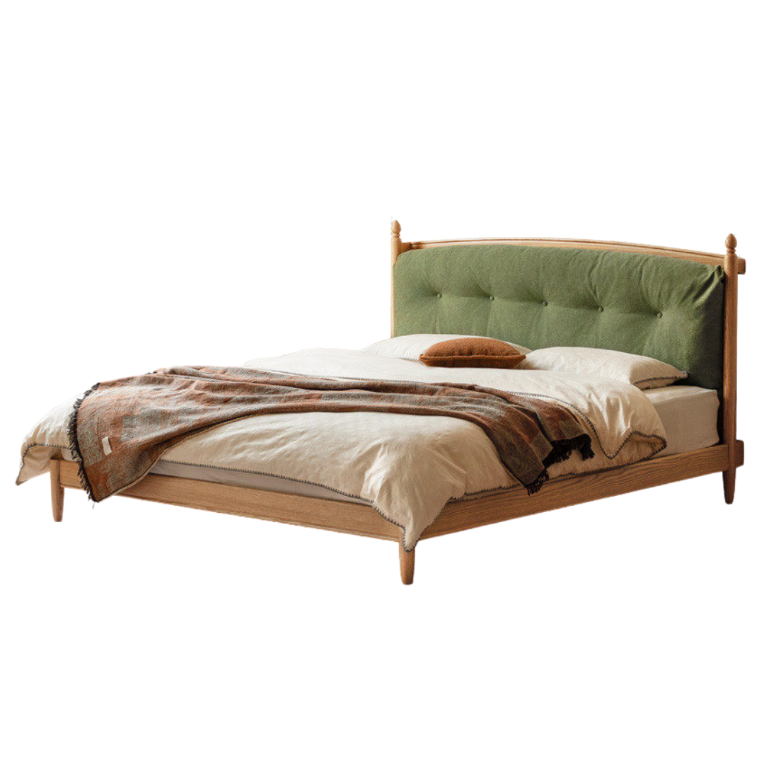 Oak Solid Wood Bed — Modern Minimalist with Genuine Leather and Soft Headboard