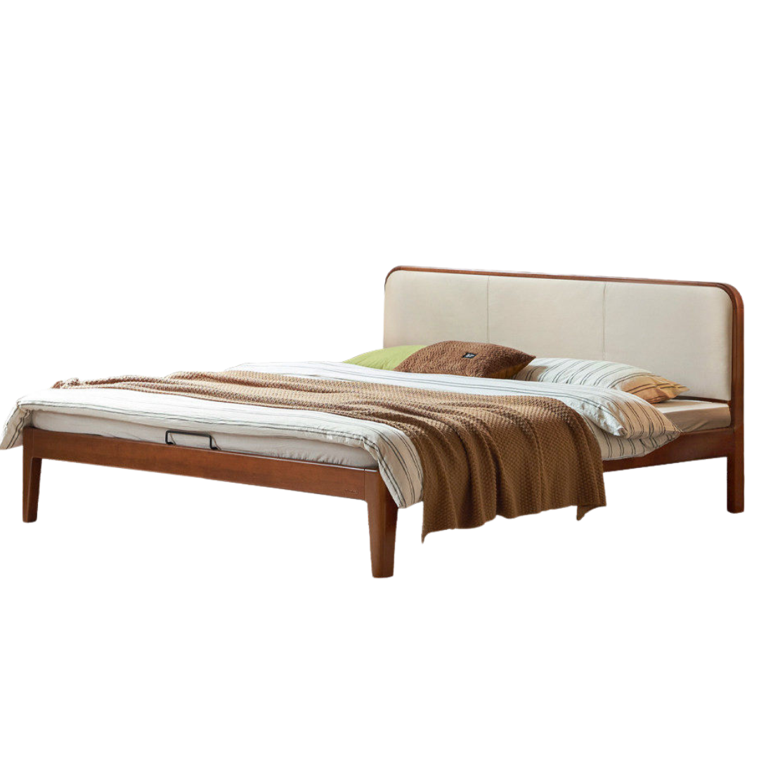 Poplar Solid Wood Bed — Vintage Style with Soft Backrest, Genuine Leather and Edge Finish