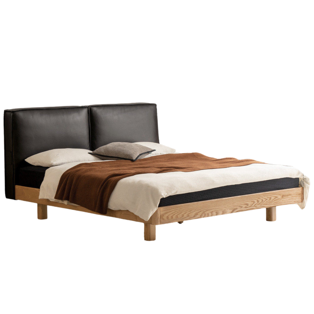 Ash Solid Wood Floating Bed — Modern Minimalist, Genuine Leather Upholstery