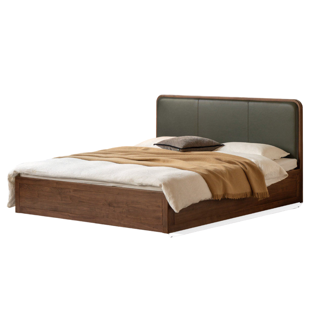 Black Walnut Solid Wood Box Bed — Soft Headboard, Italian Light Luxury Genuine Leather Bed