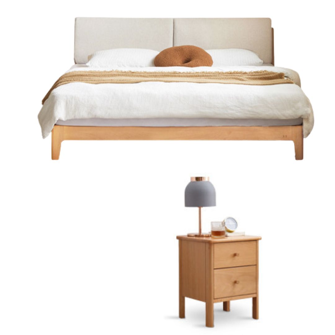 Beech Solid Wood Upholstered King Bed — Soft Headboard with Fabric Upholstery