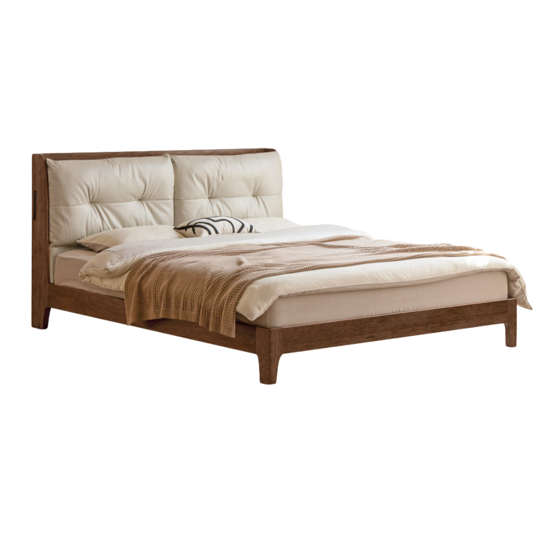 Black Walnut, Sandalwood Solid Wood Bed — Genuine Leather Upholstered, Simple Luxury Design