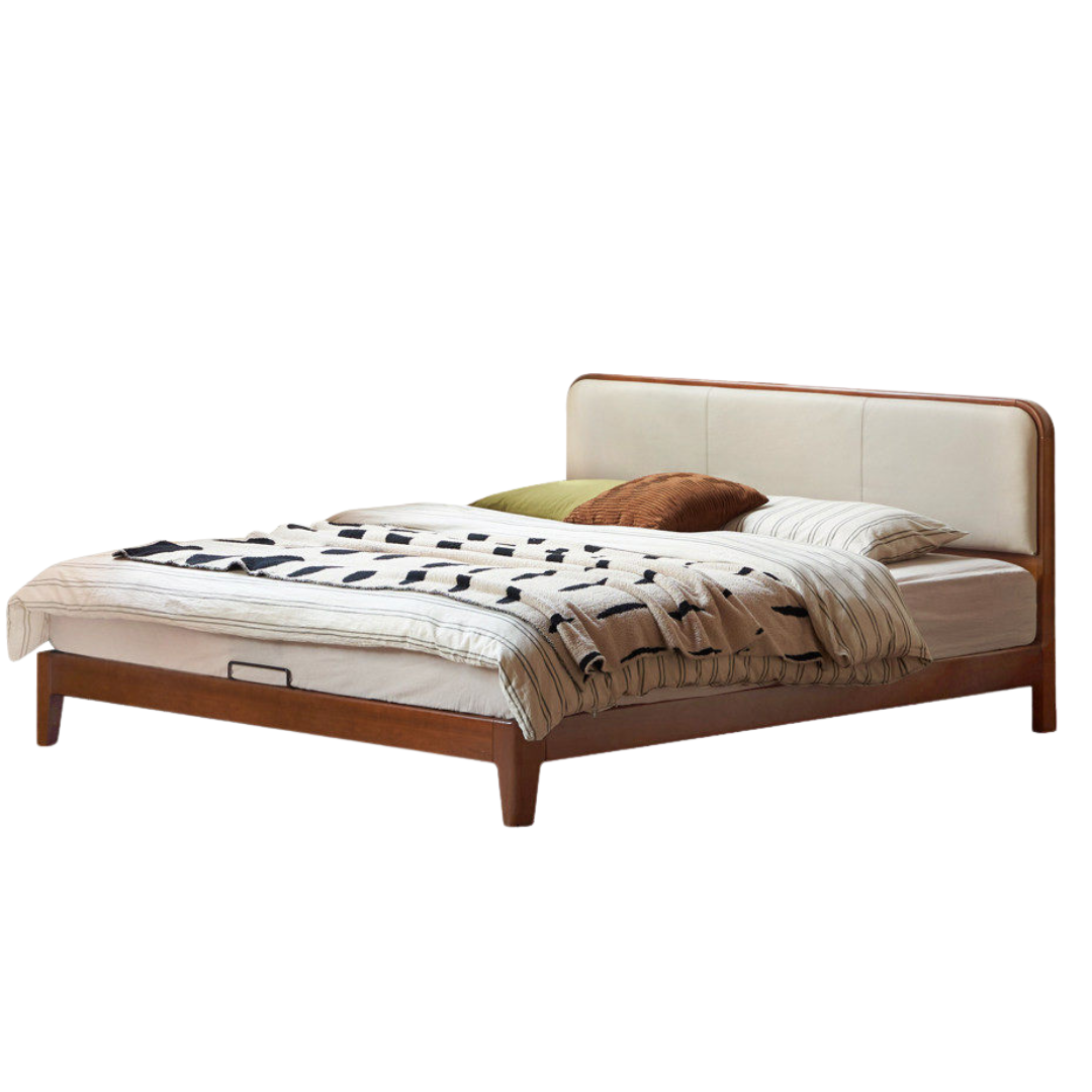 Poplar Solid Wood Bed — Vintage Style with Soft Backrest, Genuine Leather and Edge Finish