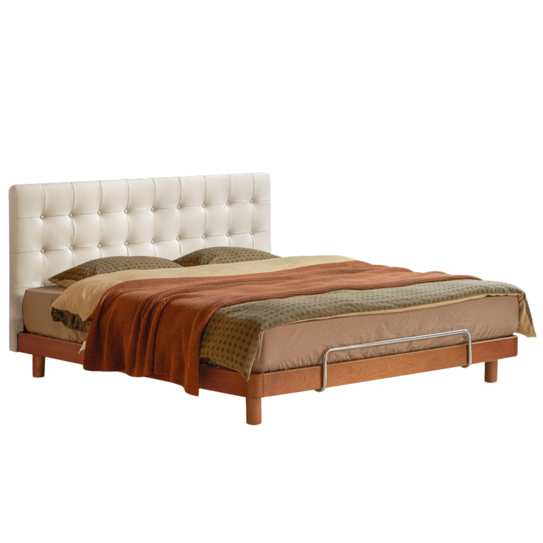 Tulipwood Solid Wood Bed — Bauhaus Style with Soft Genuine Leather Headboard