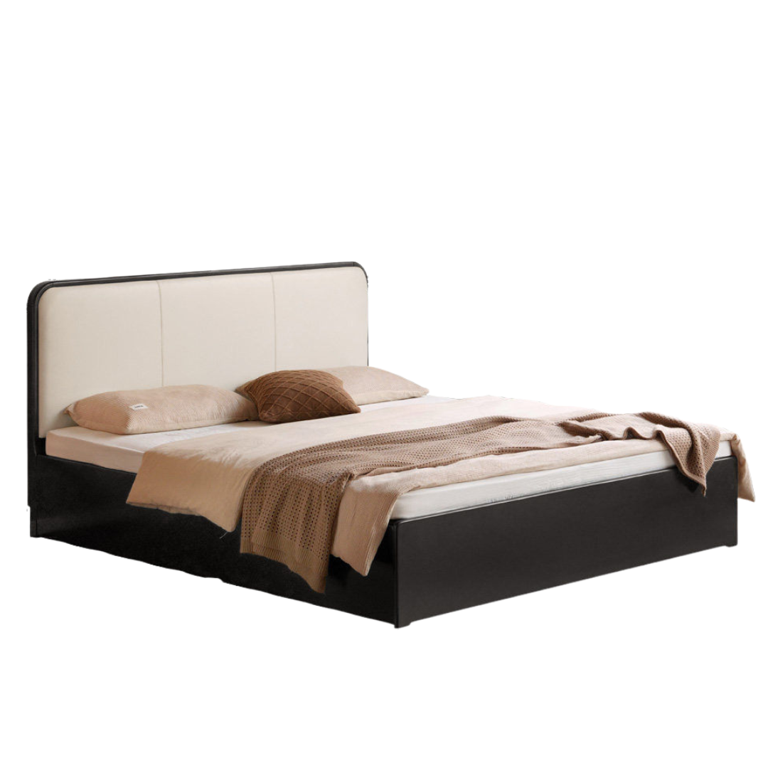 Rubberwood Solid Wood Box Bed — Modern Minimalist Black Upholstered Bed with Storage and Genuine Leather