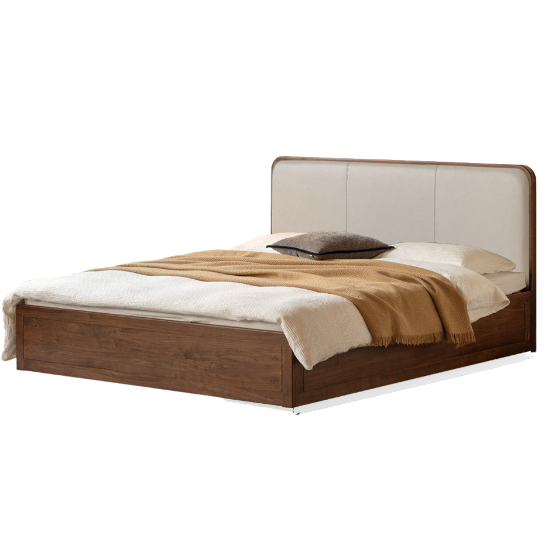 Black Walnut Solid Wood Box Bed — Soft Headboard, Italian Light Luxury Genuine Leather Bed