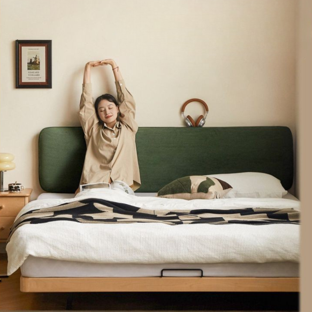 Beech Solid Wood Upholstered Bed — Retro Style with Floating Design, Luminous Light, Luxury Finish
