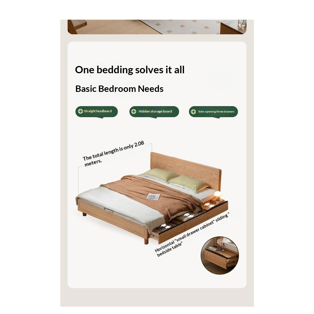 Oak Solid Wood Platform Storage Bed with Hidden Drawers and Bedside Shelf