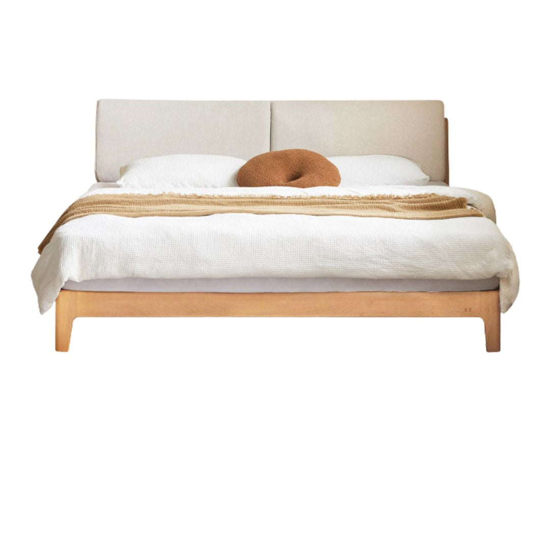 Beech Solid Wood Upholstered King Bed — Soft Headboard with Fabric Upholstery